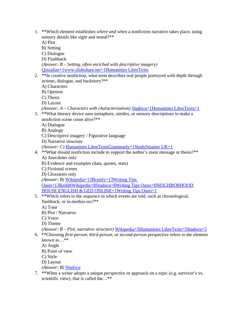 Nonfiction Narrative Elements Quiz | PDF | Multilingualism | Narration