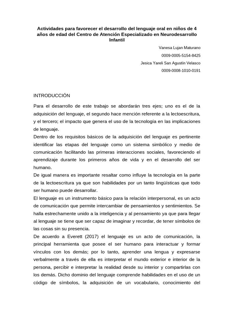 Actividades para el lenguaje oral en niños | PDF | Aquisición de idioma ...