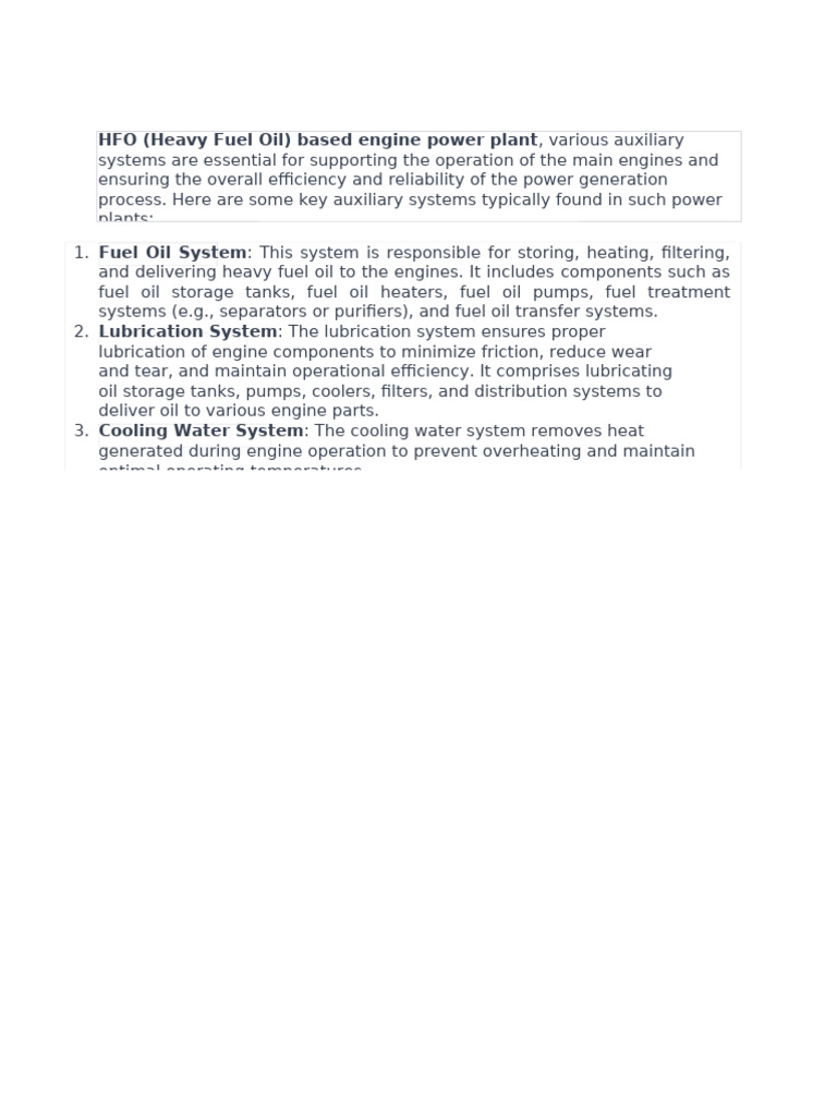 HFO Power Plant Auxiliary Systems Overview | PDF | Engines | Fuel Oil