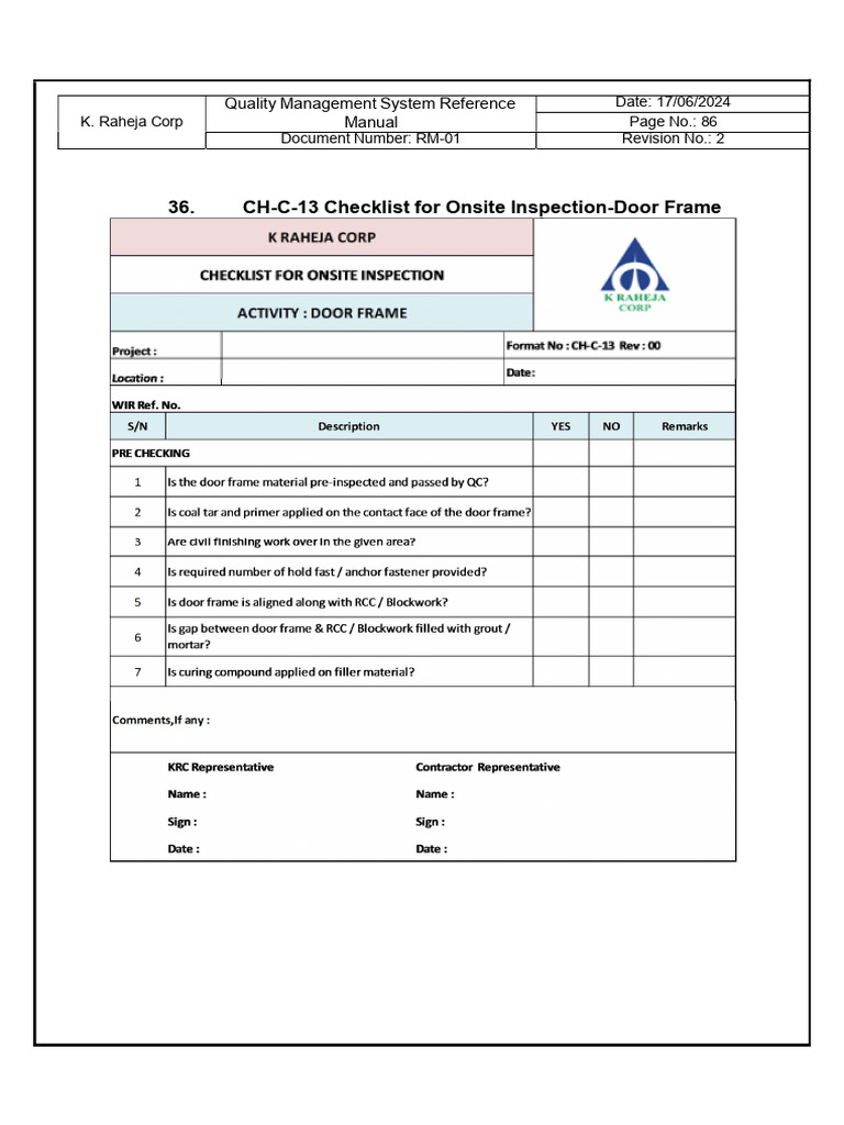 Door Frame Checklist | PDF