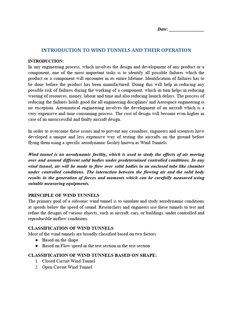 Write Up On Wind Tunnels | PDF | Wind Tunnel | Aerodynamics