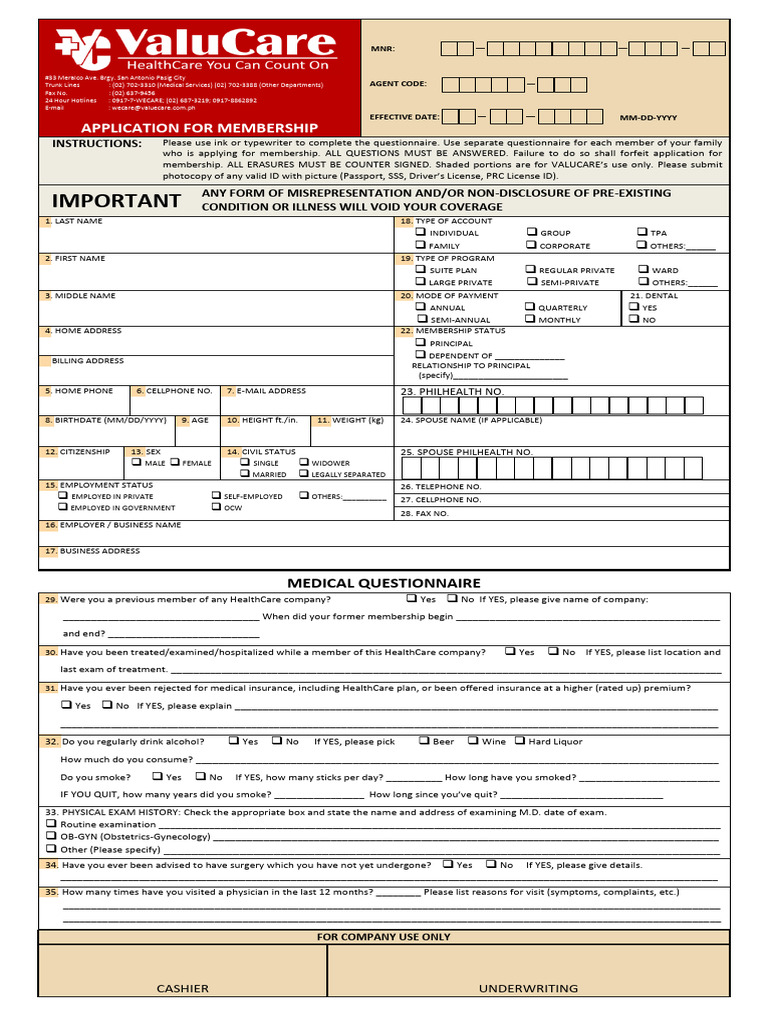 VALUCARE Application For Membership (PINK FORM) For Additional ...