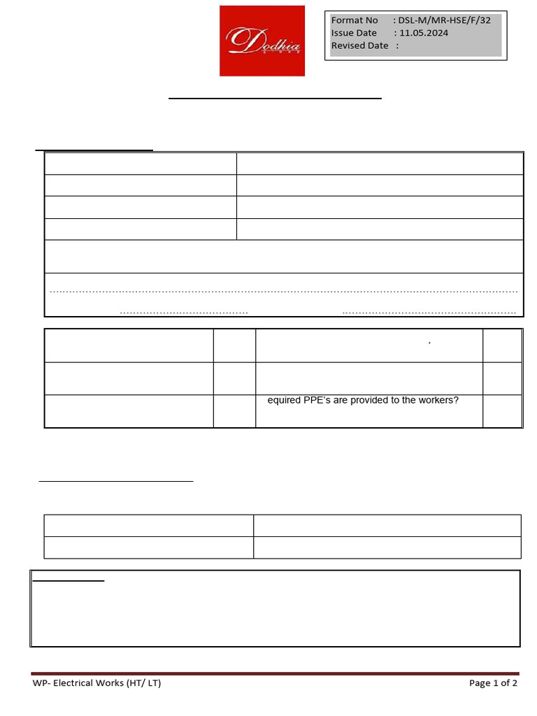 WP - Electrical Work Permit (HT & LT) | PDF | Working Conditions ...