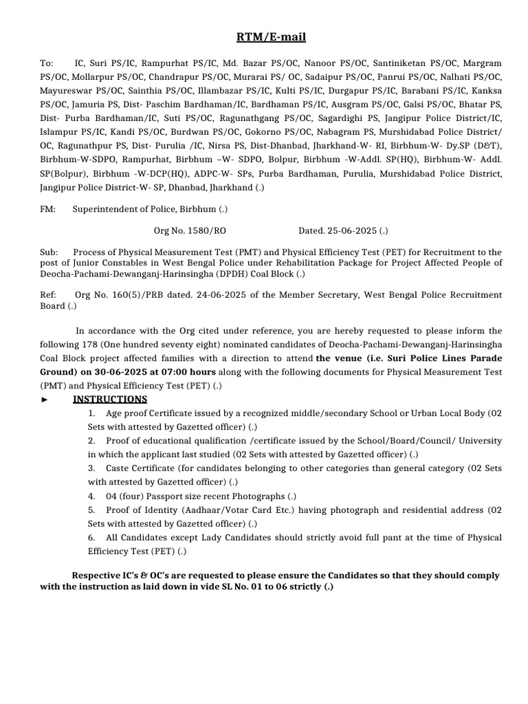 West Bengal Police Junior Constable Recruitment PMT/PET Instructions ...