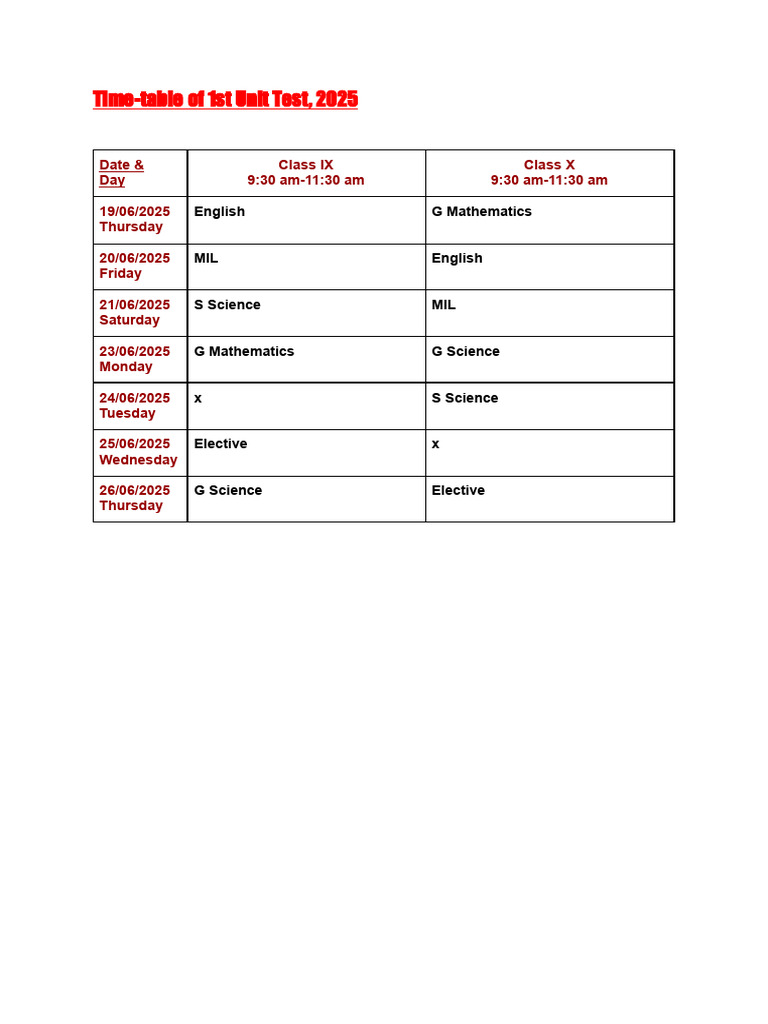 2025 Unit Test Schedule for Classes IX & X | PDF