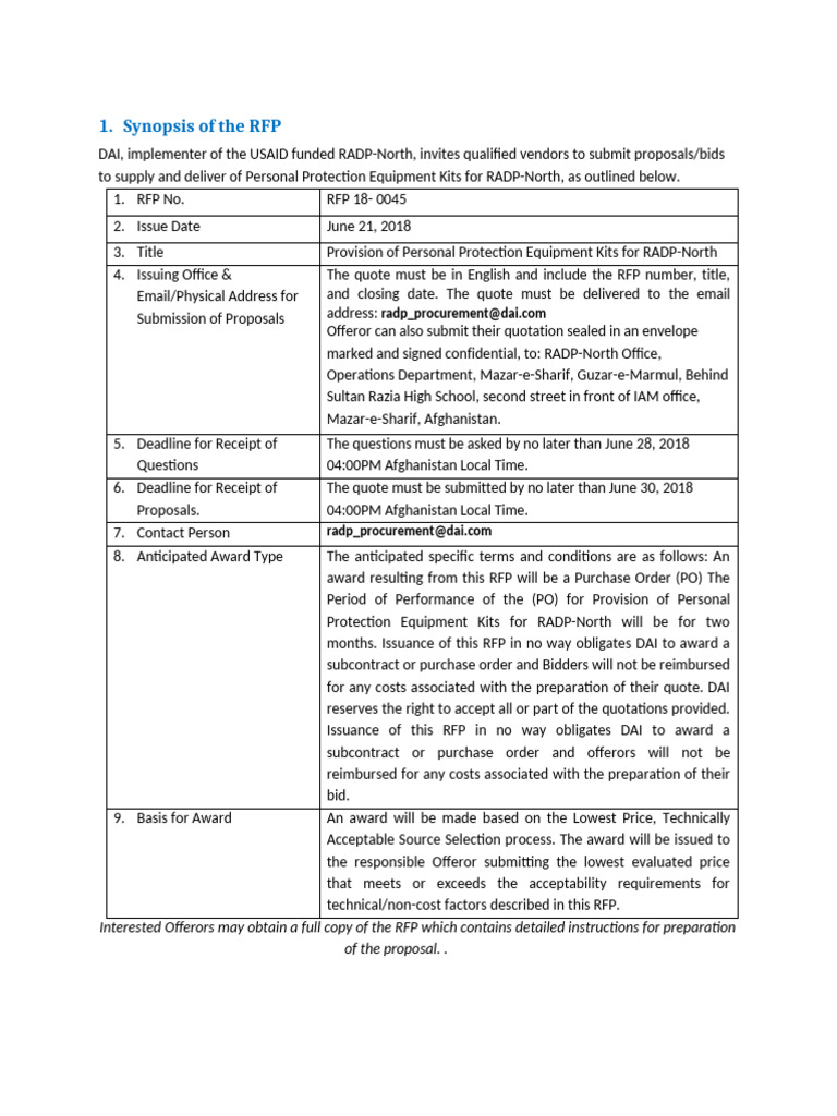 Supply and Deliver of Personal Protection Equipment Kits For RADP-North ...