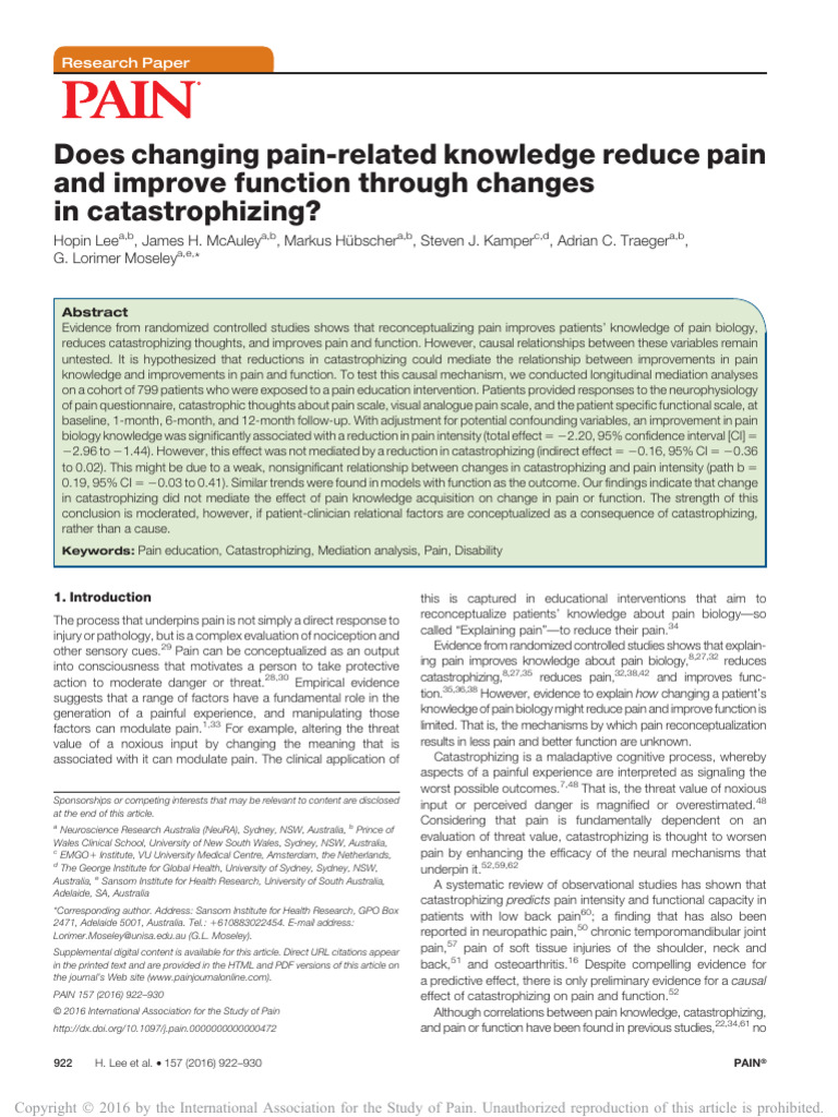 Pain Knowledge And Catastrophizing Effects PDF Confounding Pain