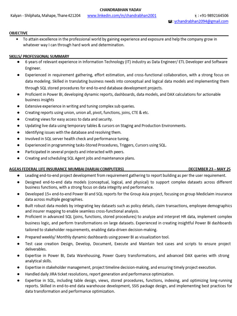 Data Engineer Resume: Skills & Experience | PDF | Databases | Data ...