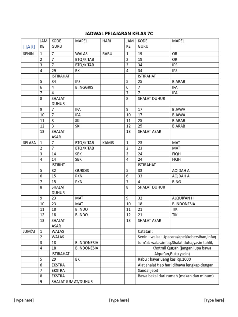 Jadwal Kelas 7C | PDF