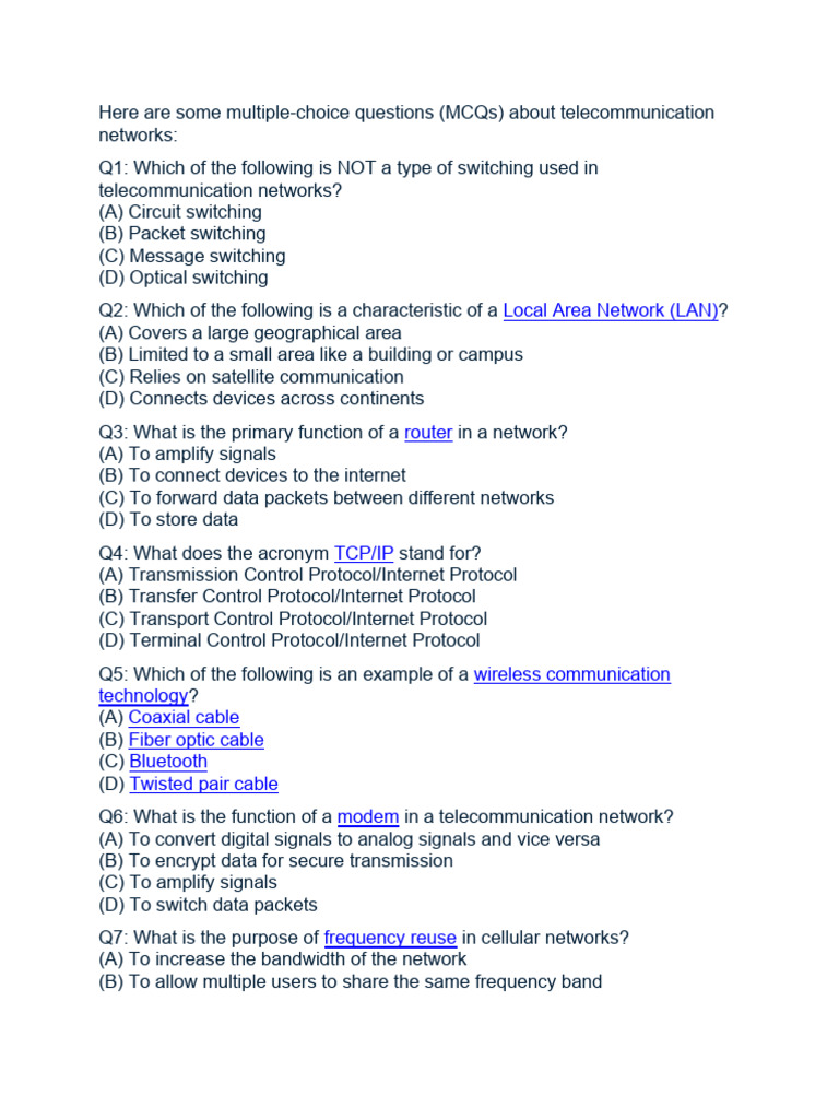 Telecommunication Networks MCQs | PDF