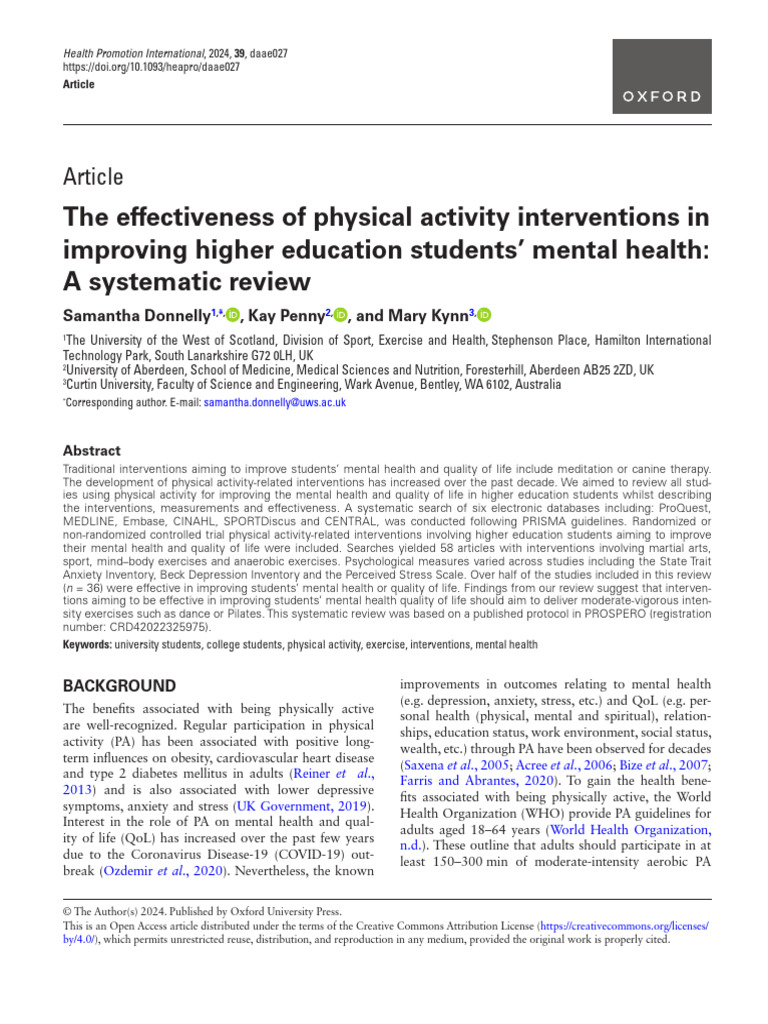 Physical Activity's Impact on Student Mental Health | PDF | Randomized ...