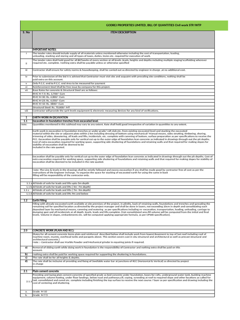 Godrej Properties Civil Work Bill of Quantities | PDF | Concrete | Plaster