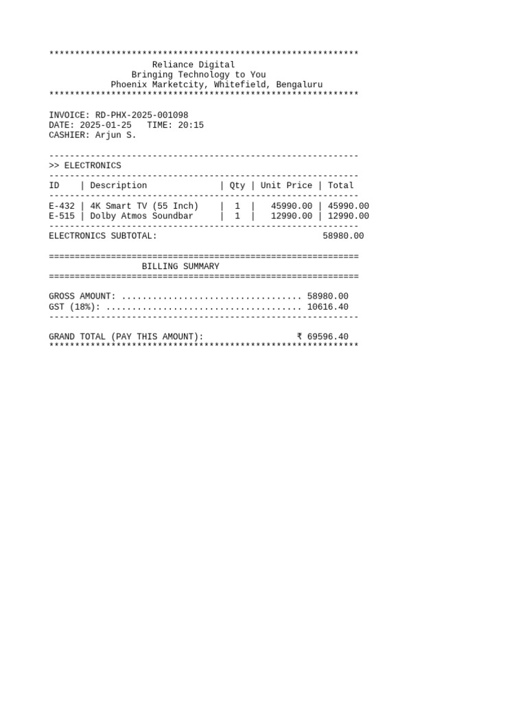 Reliance Digital Invoice Summary | PDF