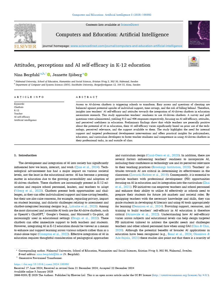 Teacher Attitudes on AI in K-12 Education | PDF | Self Efficacy ...
