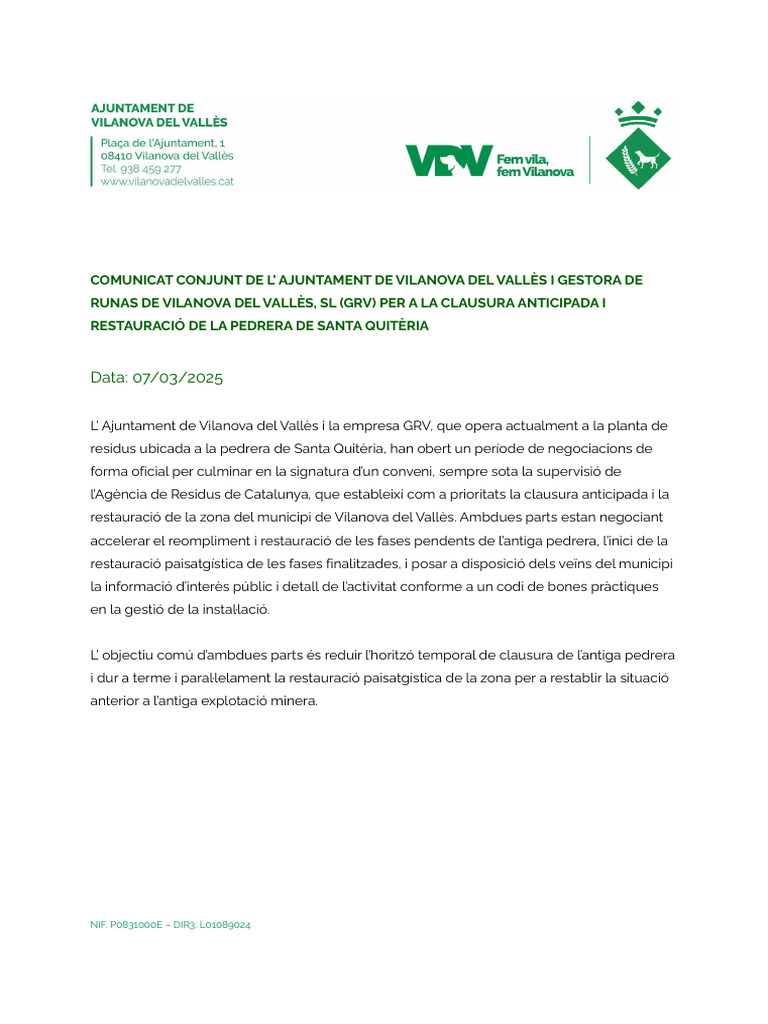 Comunicat Conjunt AjVdV I GRV | PDF