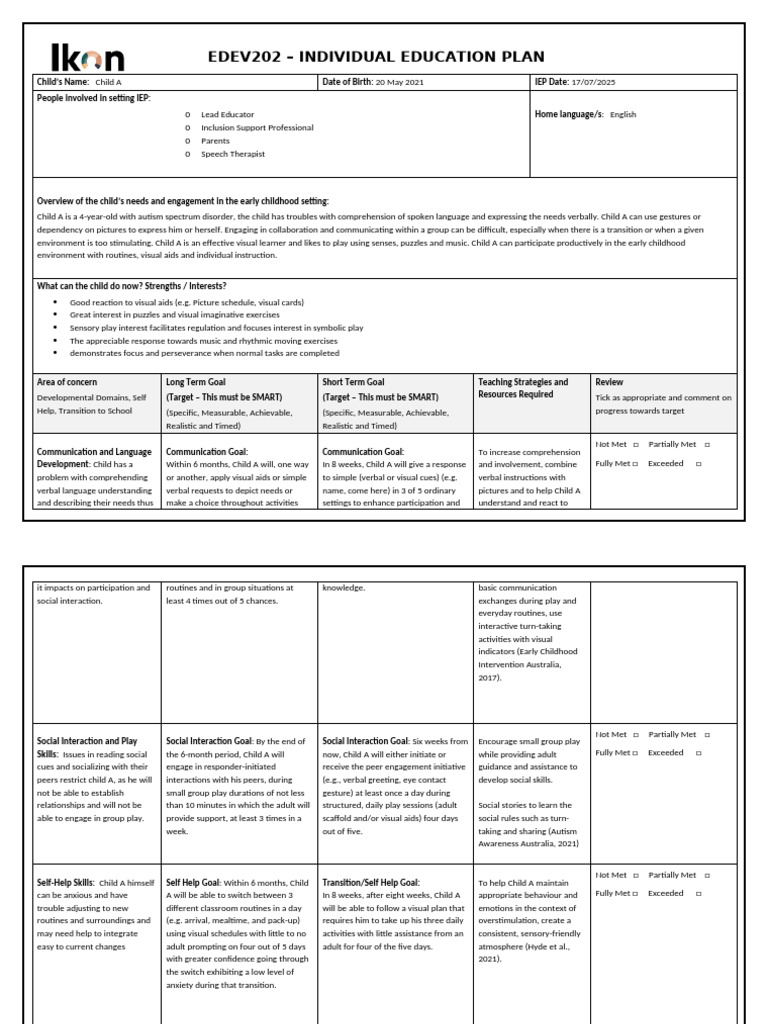 IEP for Child A: Autism Support Plan | PDF | Communication | Teachers