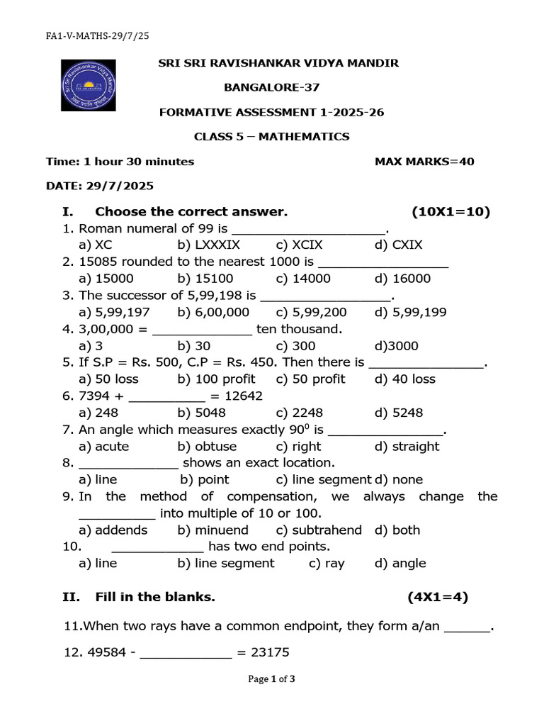 Class 5 Maths FA1 Question Paper | PDF | Subtraction | Chess Openings