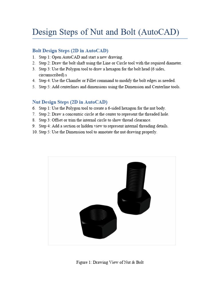 Nut and Bolt Design in AutoCAD 2D | PDF