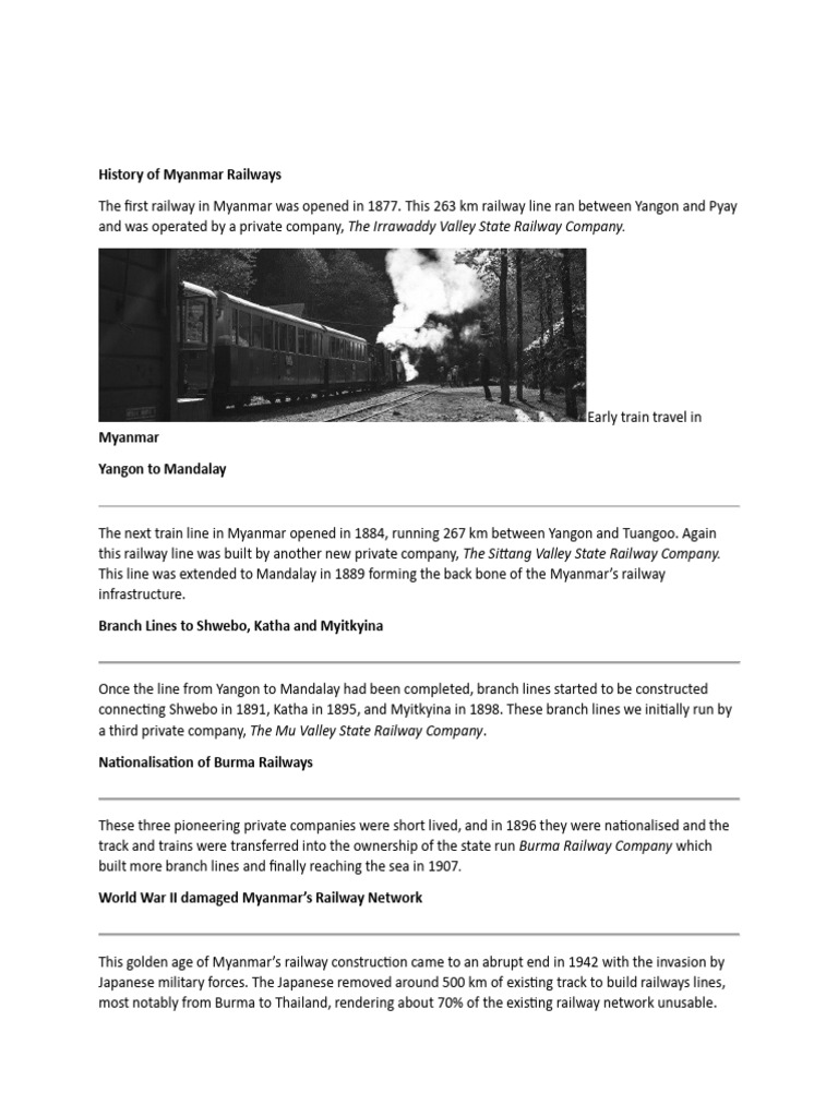 Myanmar Railways: A Historical Overview | PDF | Myanmar | Transport