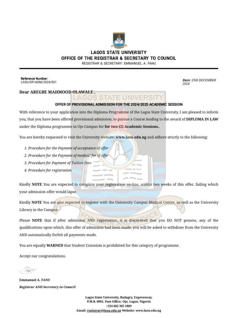 LASU Diploma Admission Offer 2024/2025 | PDF
