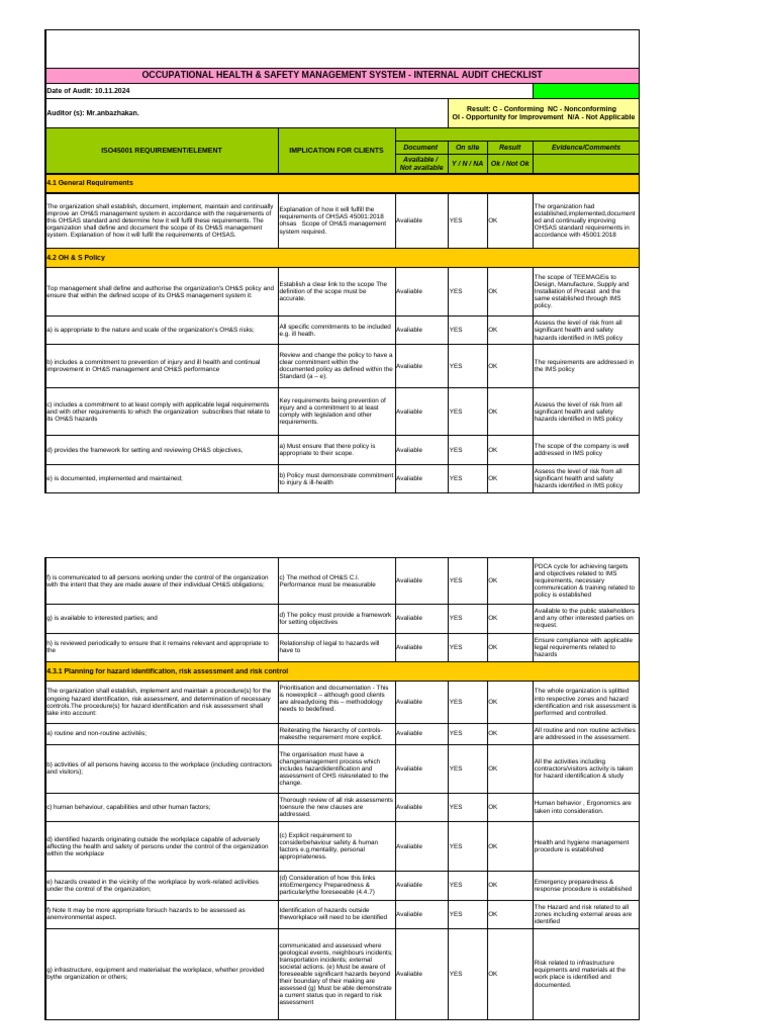 OH&S Management System Audit Checklist | PDF | Occupational Safety And ...