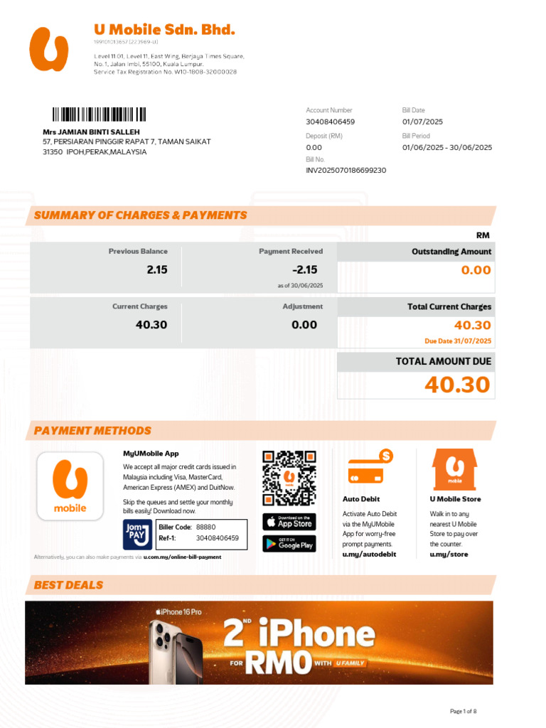 U Mobile Bill Statement Guide | PDF | Debit Card | Payments