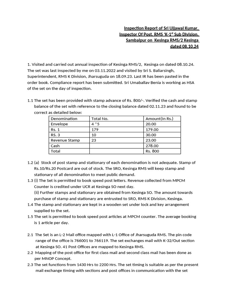 Kesinga RMS Inspection Report 2024 | PDF | Philately | Public Services