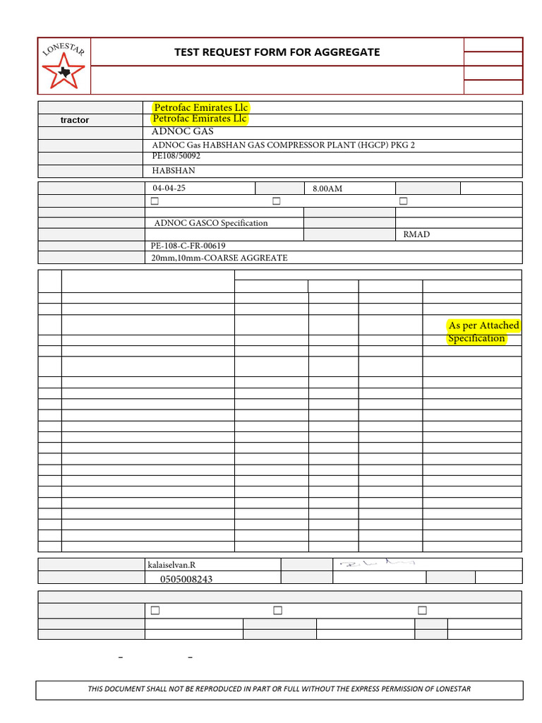 PE 108 C FR 00619 Test Request Form For Aggregatewater | PDF | Concrete ...