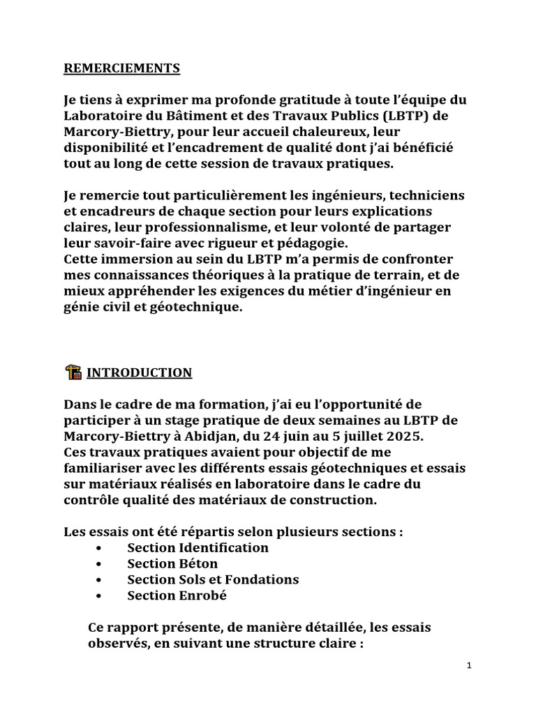 Rapport de stage au LBTP Marcory | PDF | Béton | Génie du bâtiment