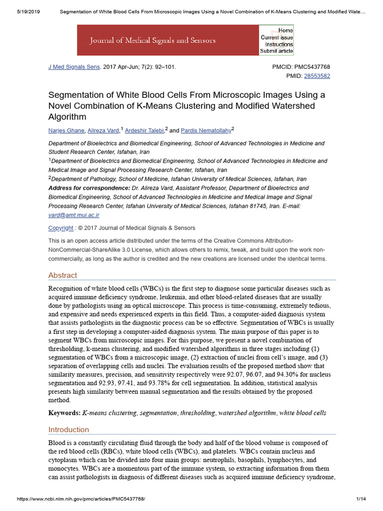 WBC Segmentation via K-Means & Watershed | PDF | Image Segmentation ...
