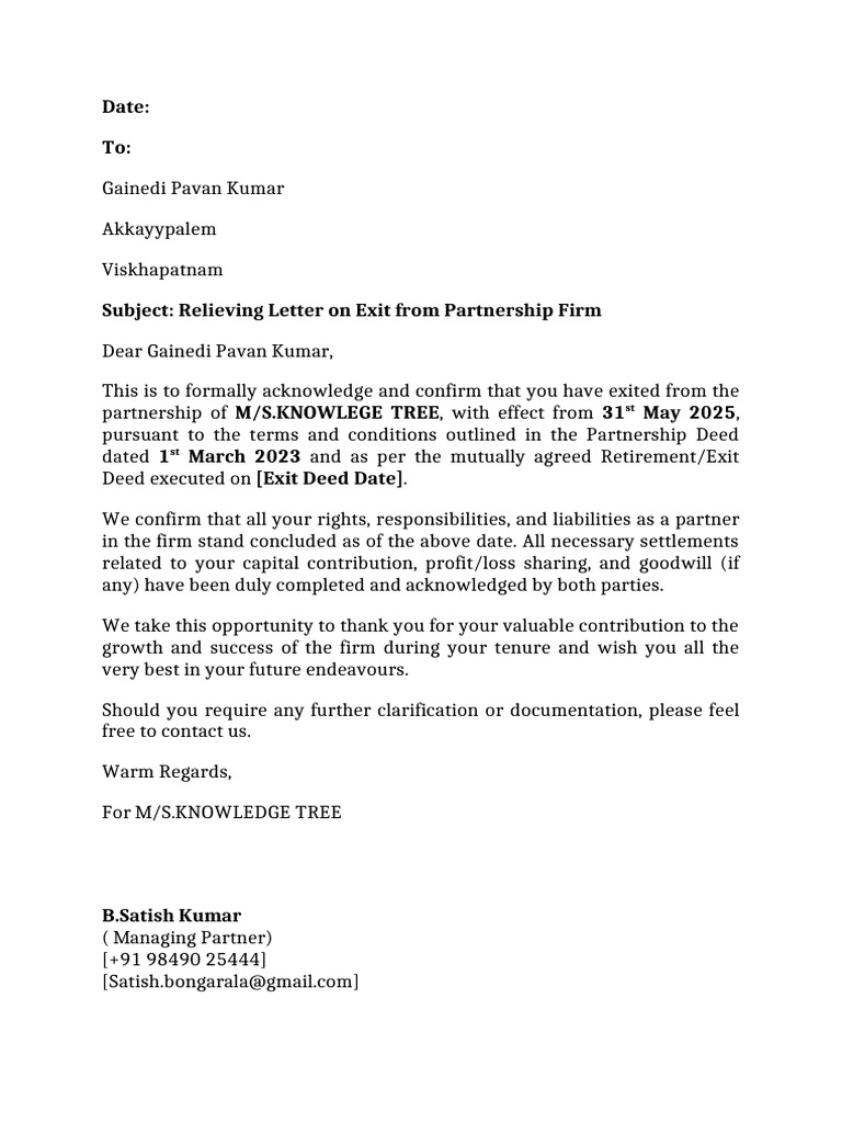Relieving Letter for Partnership Exit | PDF