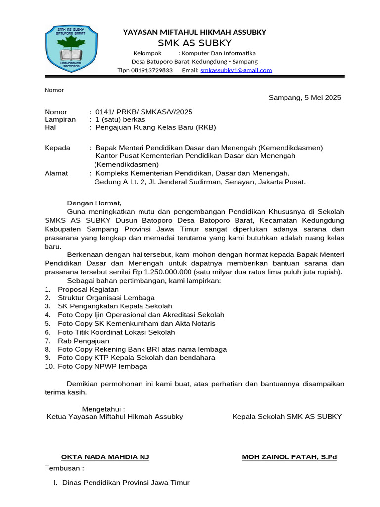 Contoh Surat Proposal Bantuan RKB - Kemendikdasmen (REVISI) | PDF