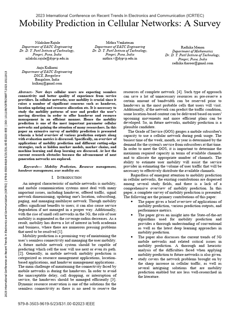 Mobility Prediction in Cellular Networks | PDF | Prediction | Accuracy ...
