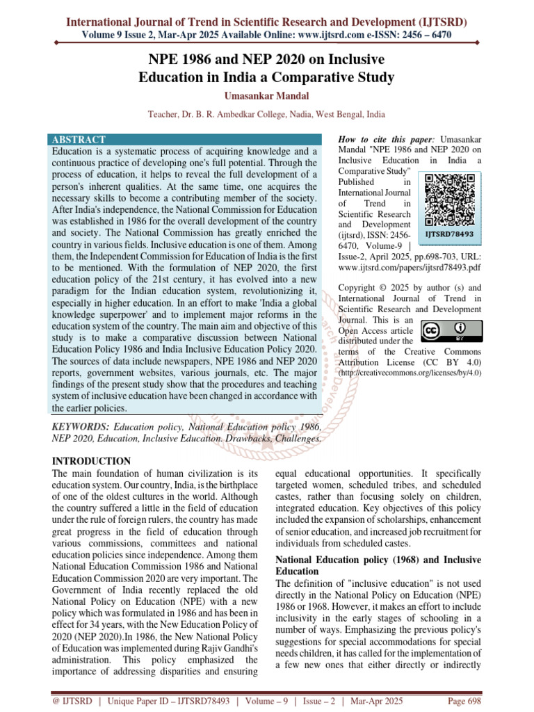 NPE 1986 and NEP 2020 On Inclusive Education in India A Comparative ...
