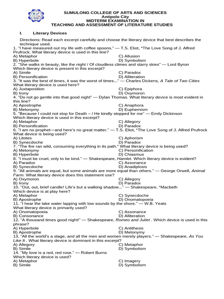 Midterm Exam - Teaching and Assessment of Lit Studies Answer Key | PDF ...