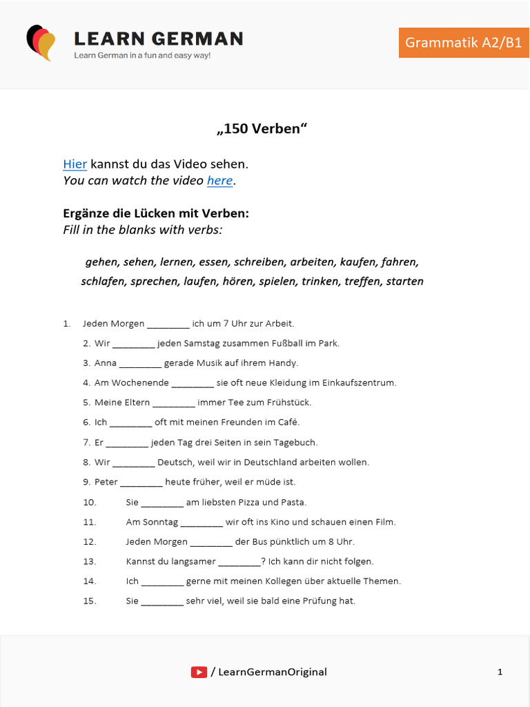 LearnGerman - Grammar A2 - B1 - 150 Verbs | PDF