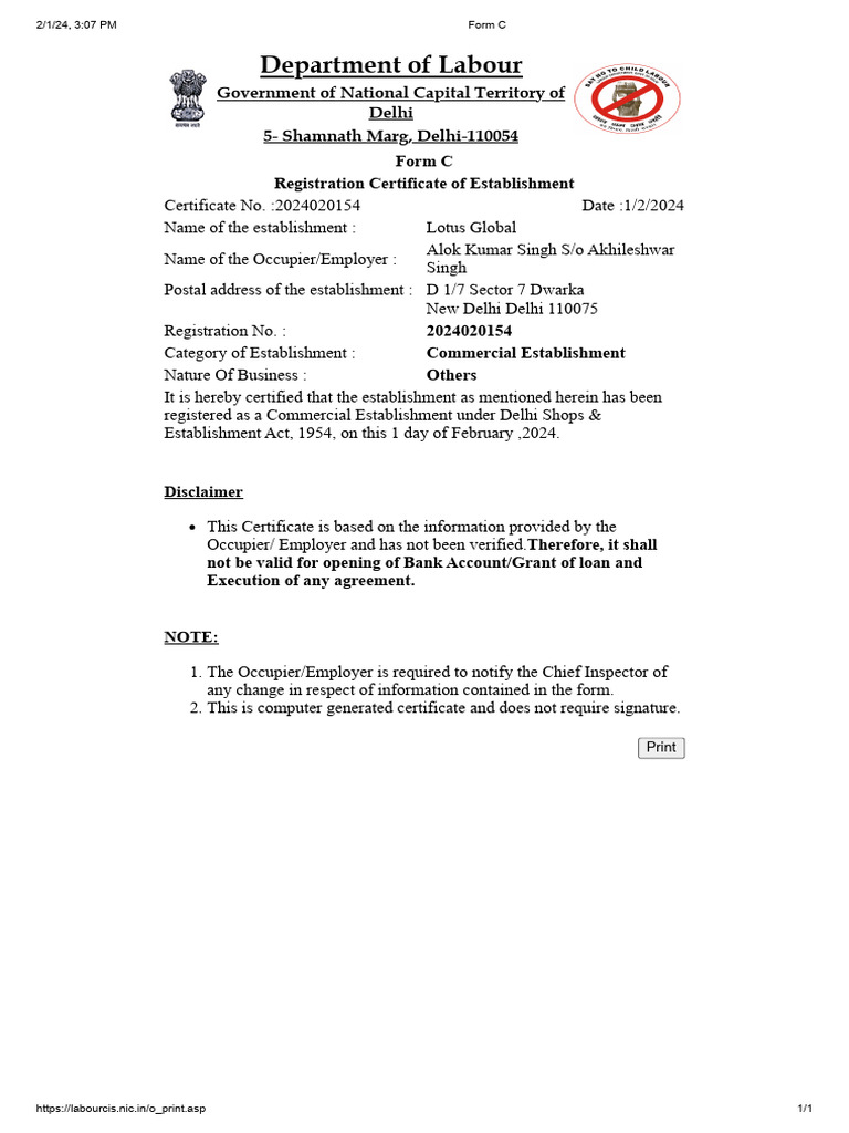 Form C Registration Certificate - Delhi | PDF