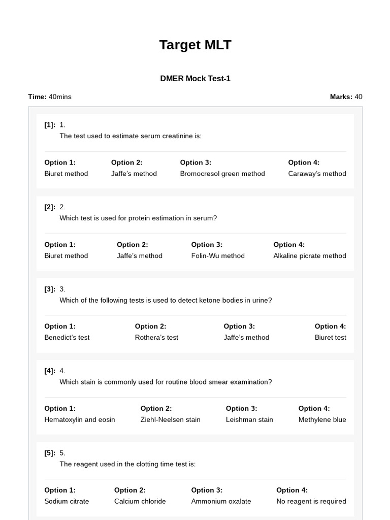 MLT DMER Mock Test 1 Questions | PDF | Staining | Medical Specialties