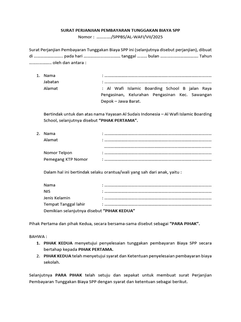 Perjanjian Pembayaran Tunggakan SPP | PDF