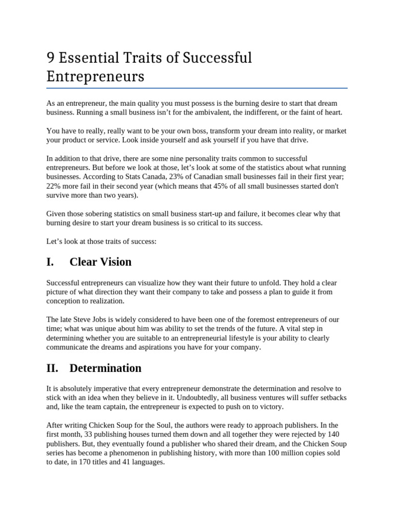 9 Essential Traits Of Successful Entrepreneurs Pdf Entrepreneurship