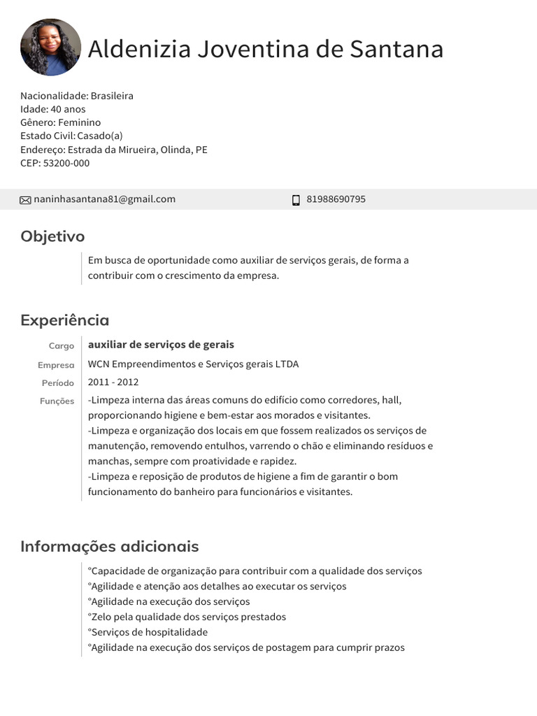 Currículo: Auxiliar de Serviços Gerais | PDF