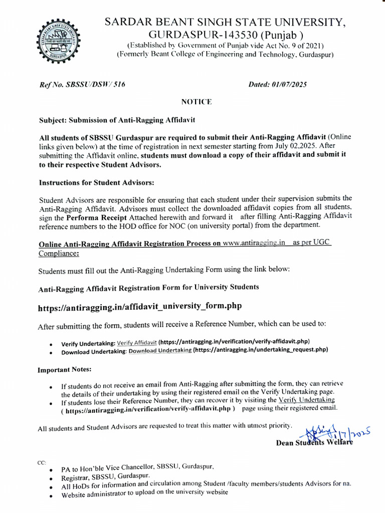 Anti-Ragging Affidavit Submission Notice | PDF | Evidence | Legal Procedure
