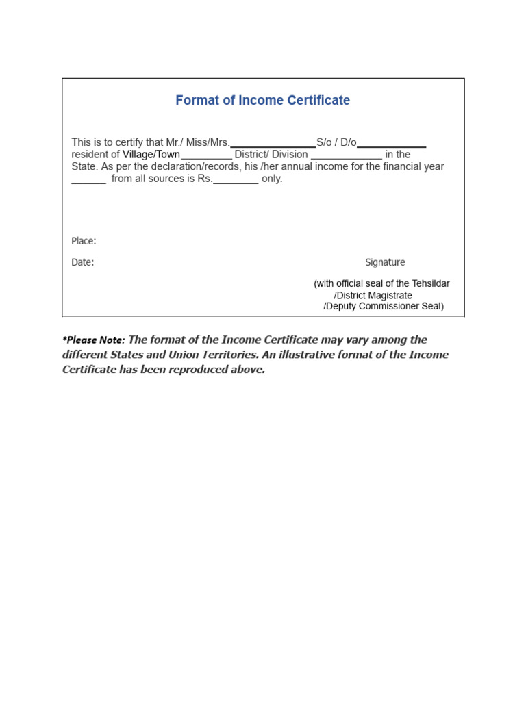 Format of Income Certificate: Village/Town | PDF