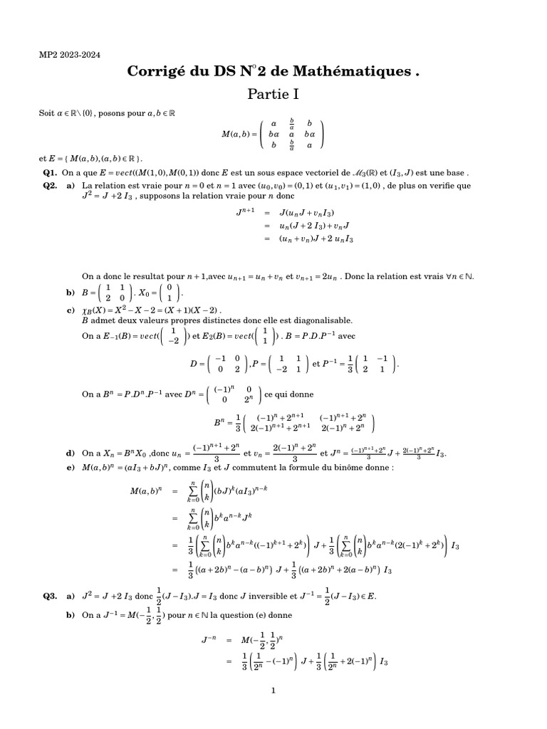 Corrigé DS N O2 Mathématiques 2023-2024 | PDF | Mathématiques ...