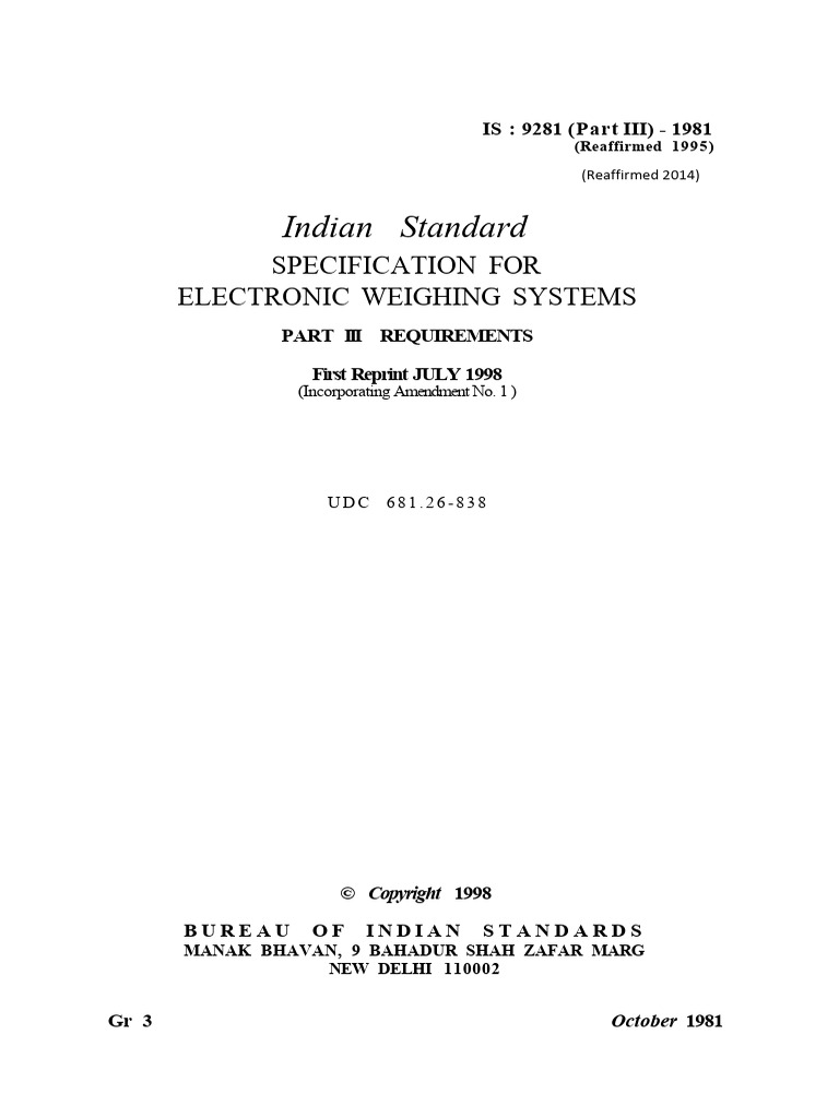 IS 9281 Part III: Weighing System Specs | PDF | Electricity ...