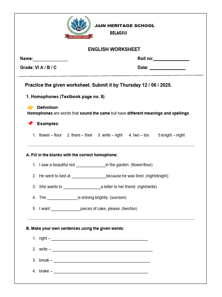 Grade - 6 Homophones, Conjunctions Worksheet-2 | PDF
