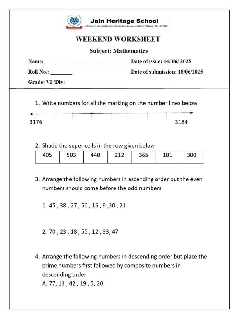 VI Grade Math Weekend Worksheet | PDF