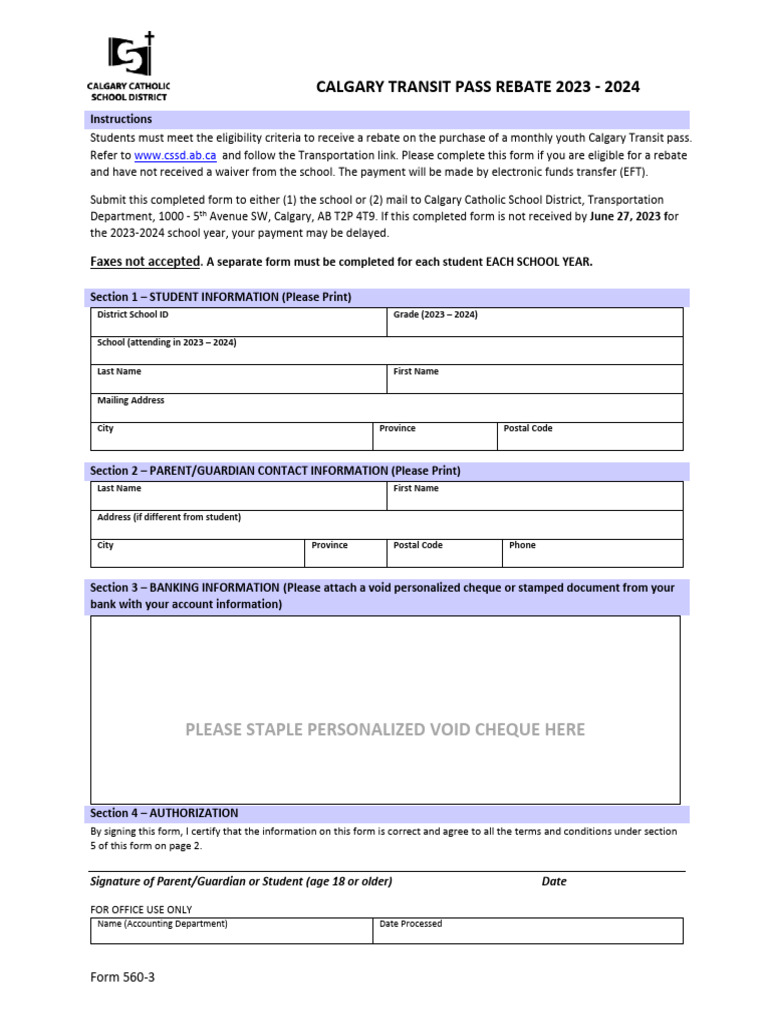 CCSD Transit Pass Rebate Form 2023-24 | PDF | Cheque | Rebate (Marketing)