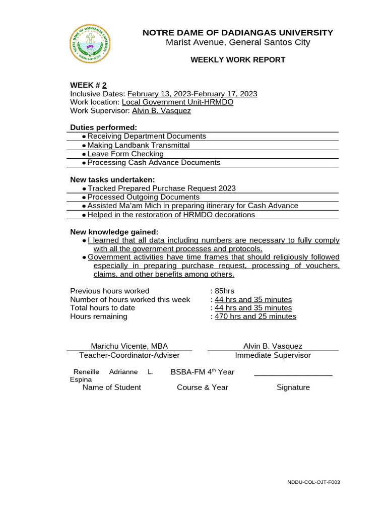 HRMDO Weekly Work Report - Week 2 | PDF