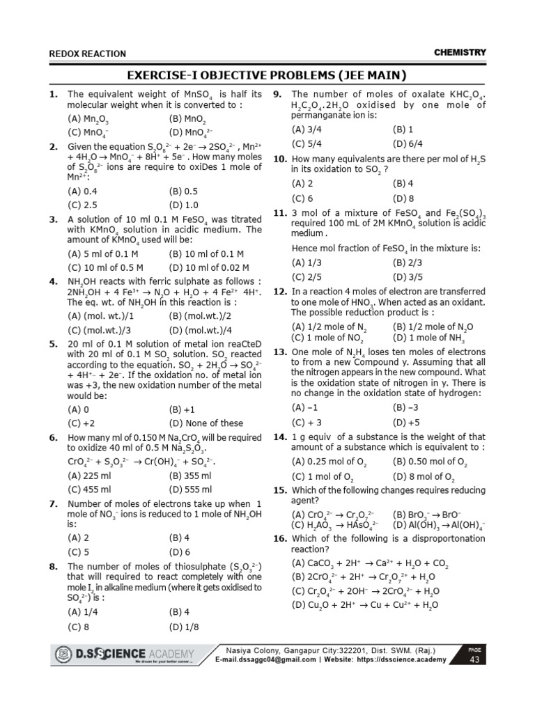 Redox Reaction Practice Questions | PDF | Redox | Titration